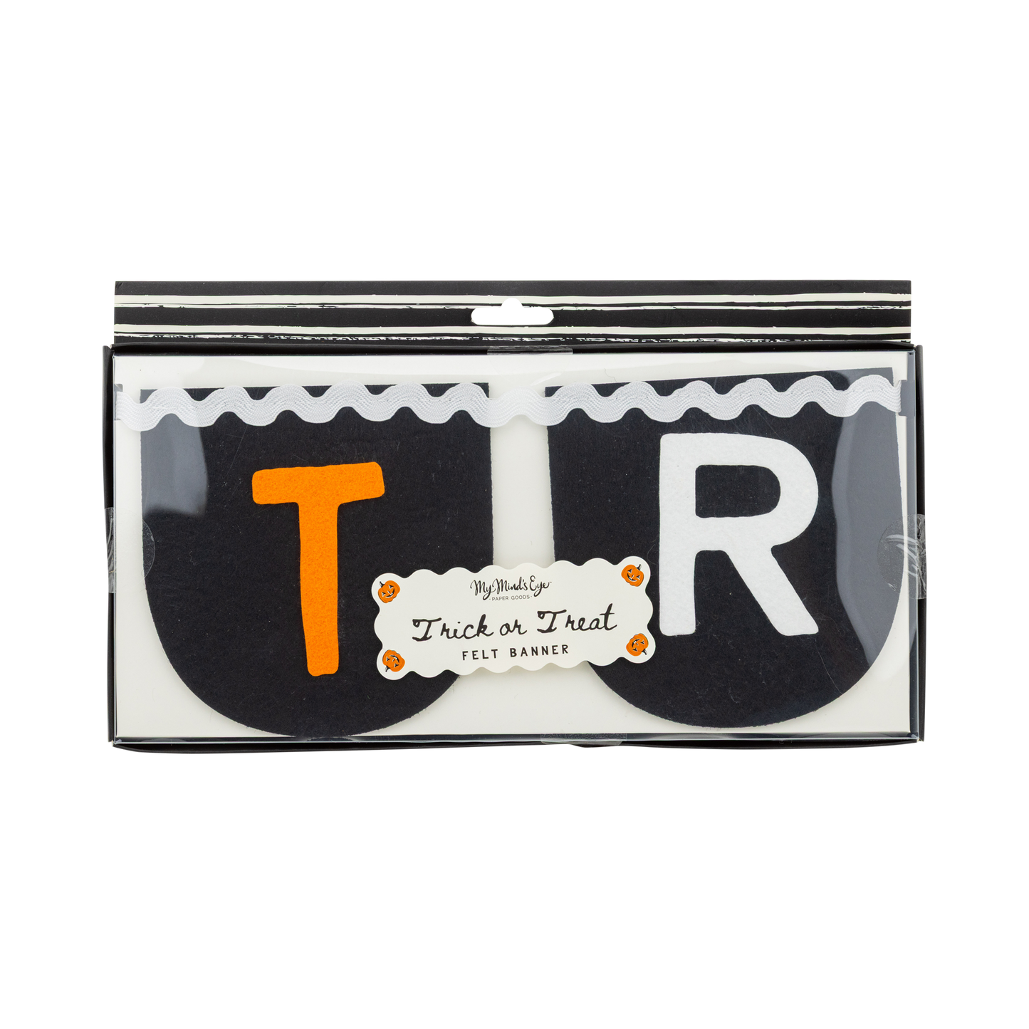 Halloween-themed felt banner with letters 'T' and 'R' in packaging on a white background
