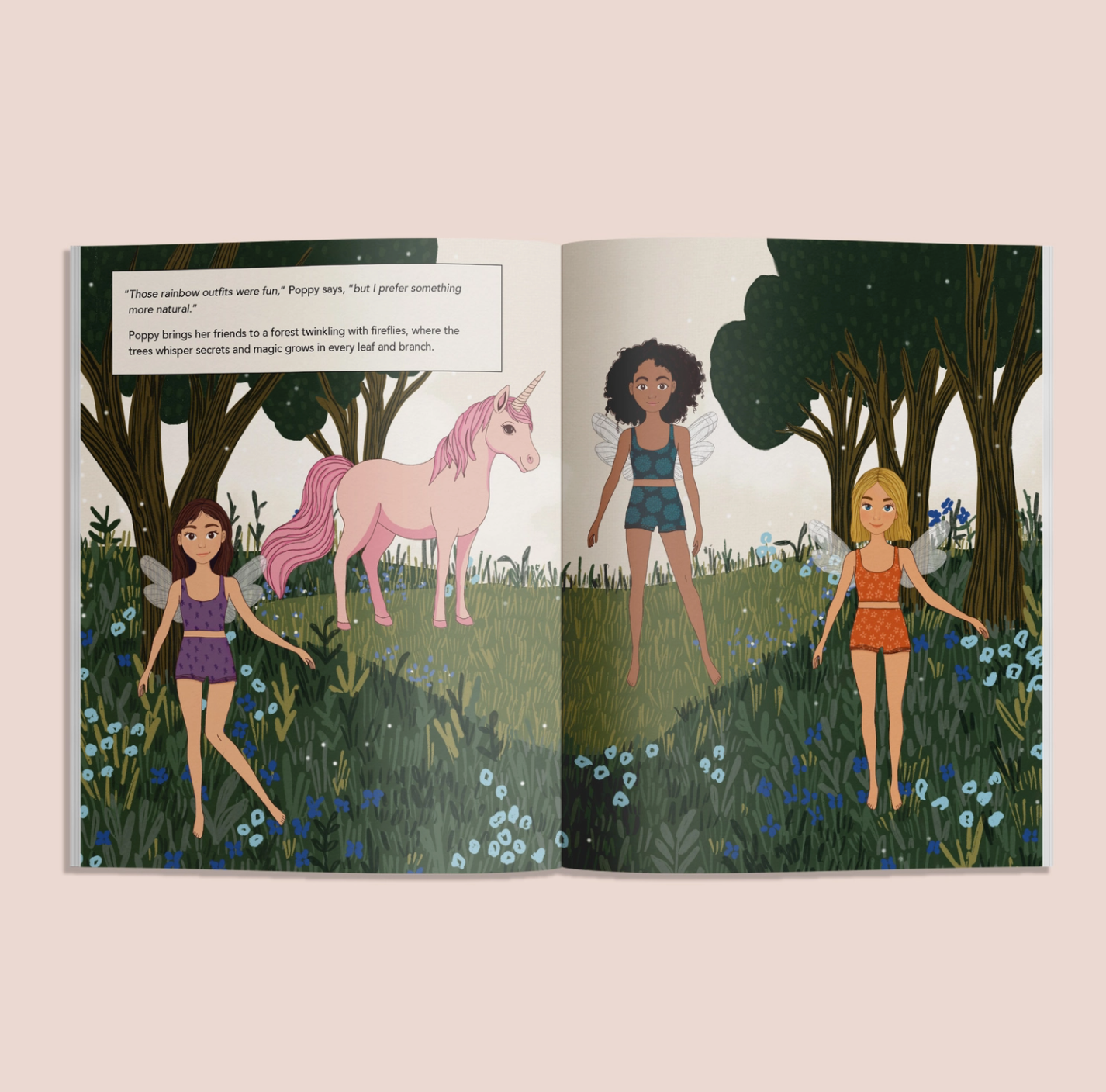 Illustrated book open to two pages showing fairies and a unicorn in a forest setting.