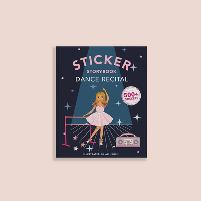 Sticker storybook cover for a dance recital with a dancer illustration on a dark blue background.