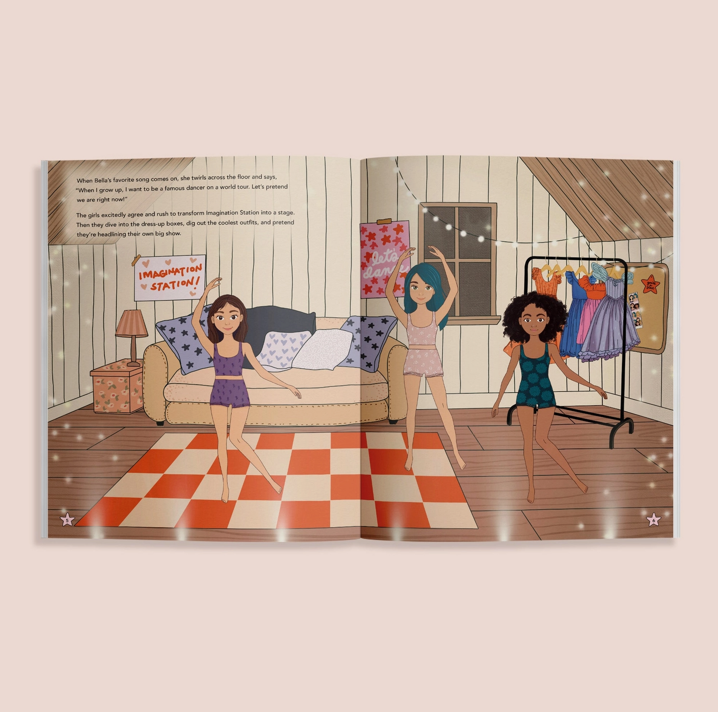 Illustrated book page with three girls dancing in a room with furniture and decor.