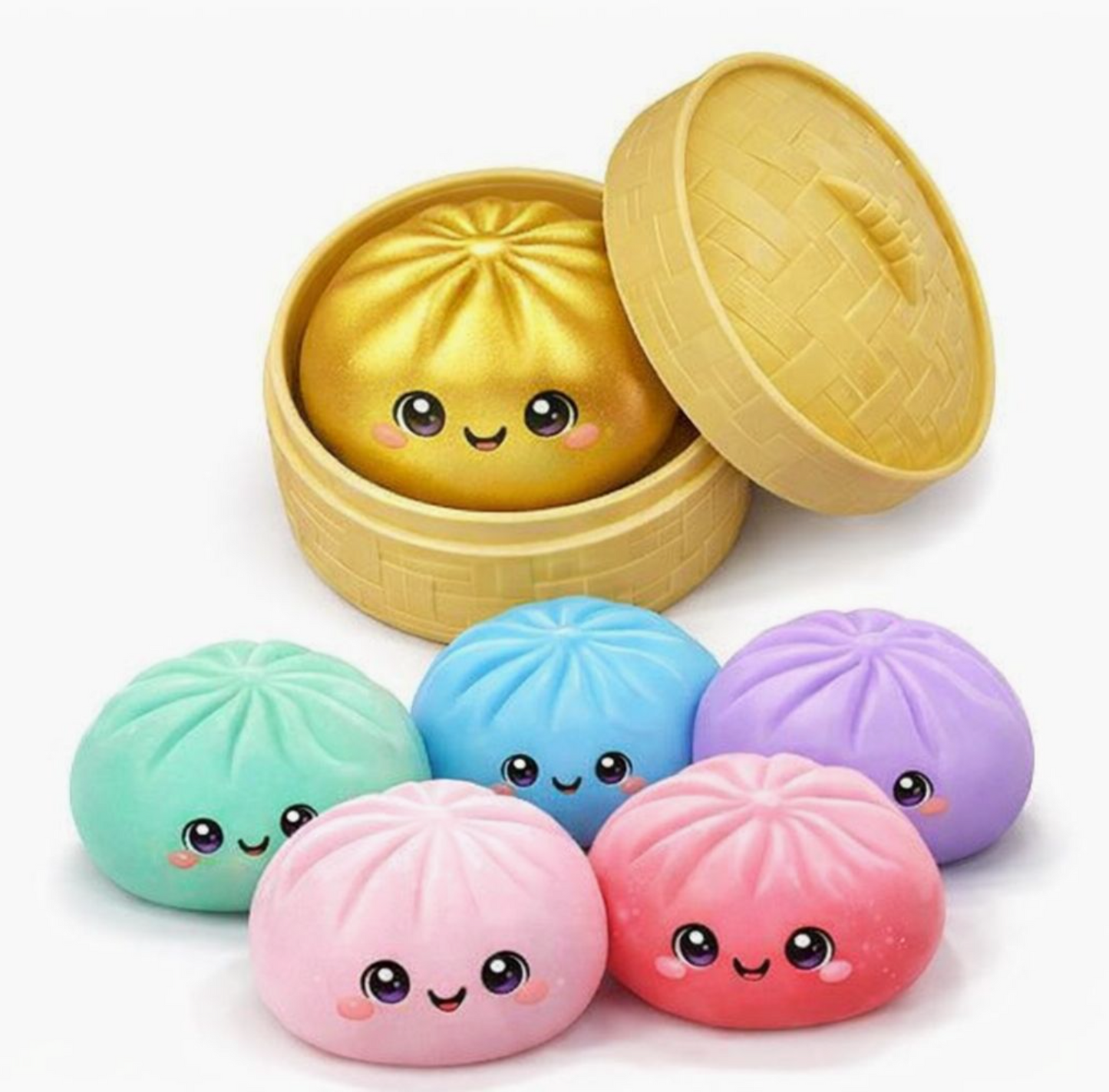 Colorful plush dumplings with smiling faces in a bamboo steamer on a white background