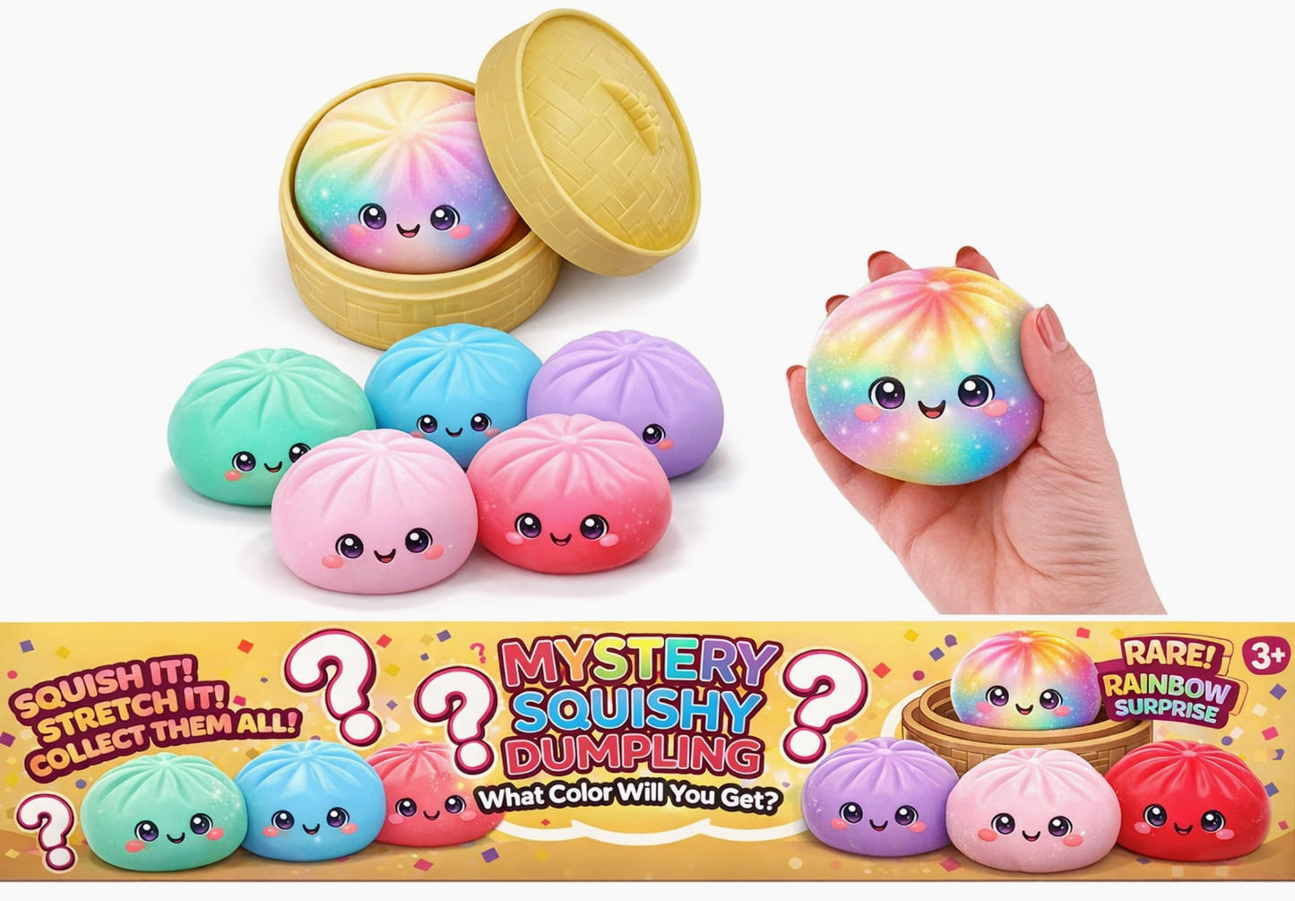 Colorful squishy dumpling toys with a hand holding one, and packaging in the background.