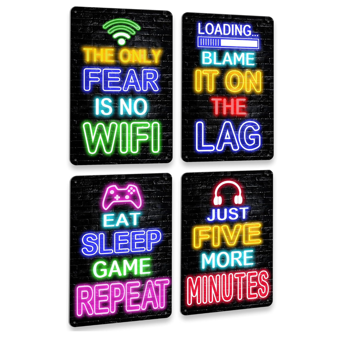 Four neon signs with gaming-themed text on a white background