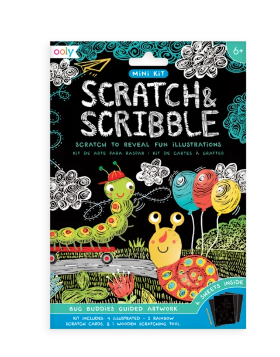 Oooh! Scratch & Scribble Mini Kit packaging featuring colorful cartoon illustrations on a black background with teal and blue text accents.