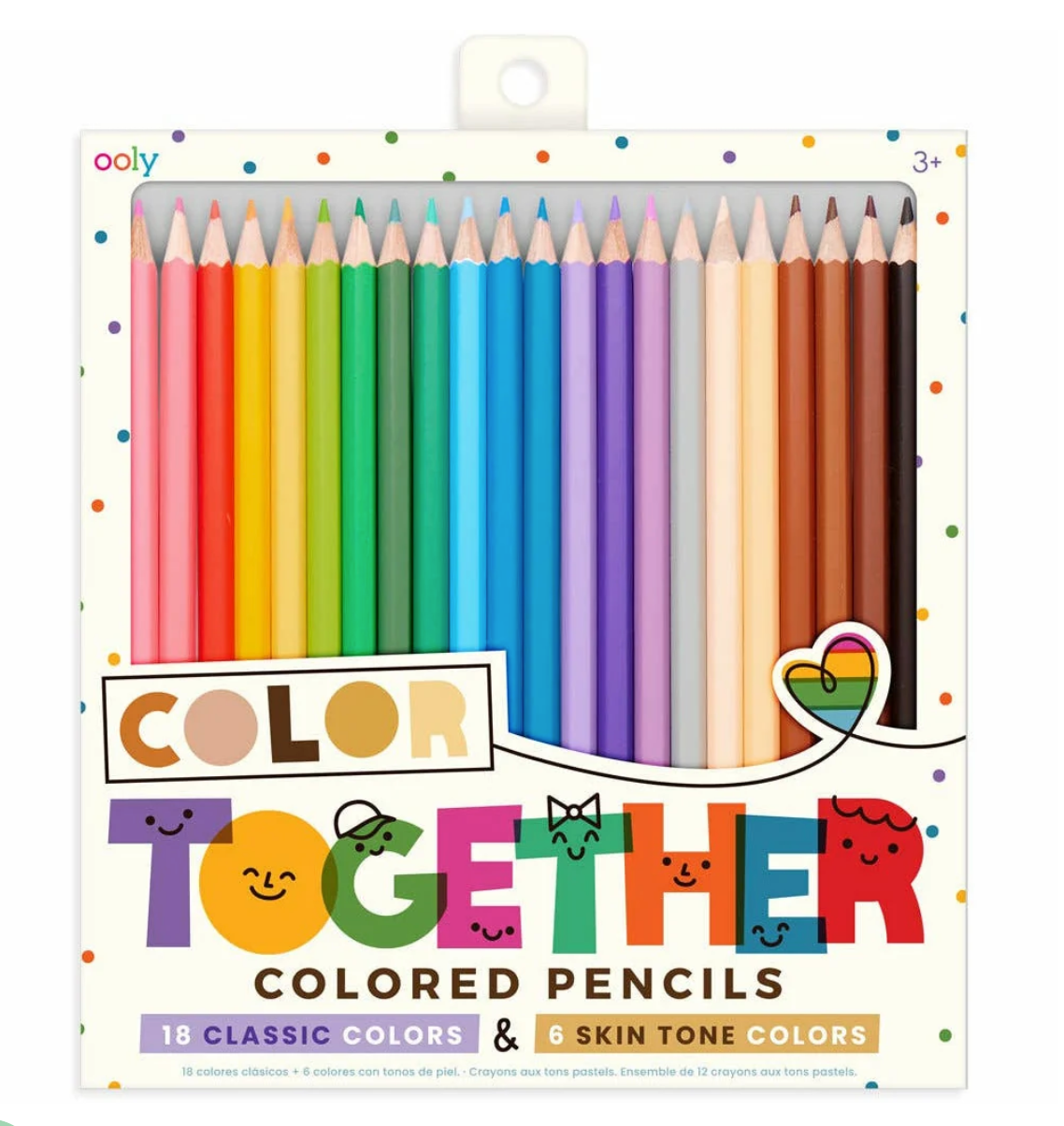Ooly Color Together Colored Pencils set in a white box with colorful polka dots and a clear window showing 18 classic colors and 6 skin tone colors.