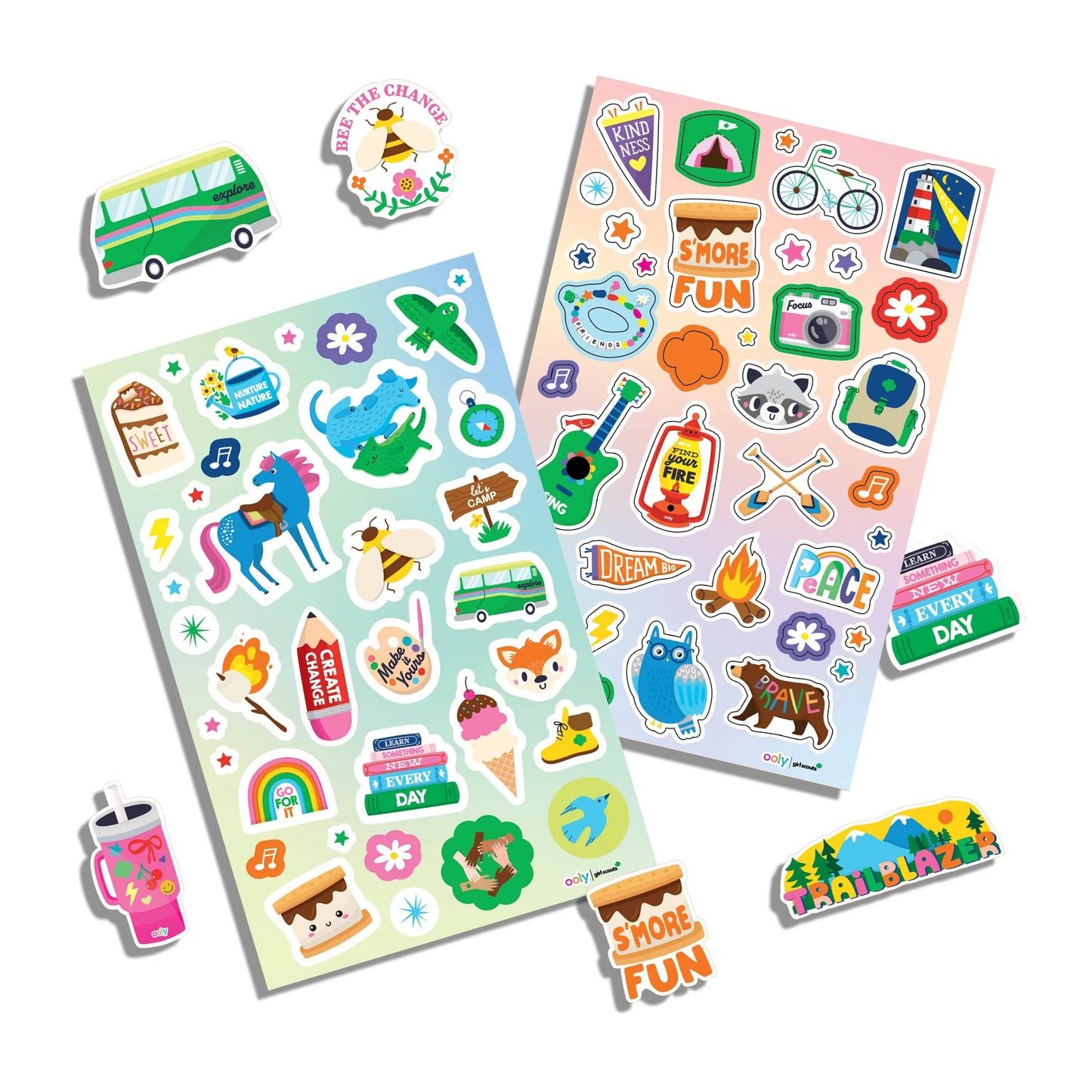 Colorful sticker sheets with various designs on a white background