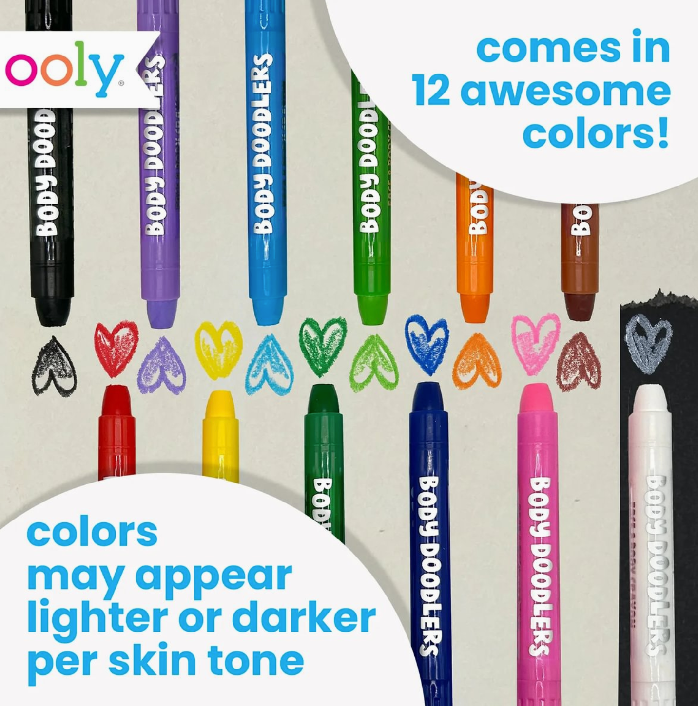 Set of colorful body doodlers with text indicating color variety and skin tone consideration.