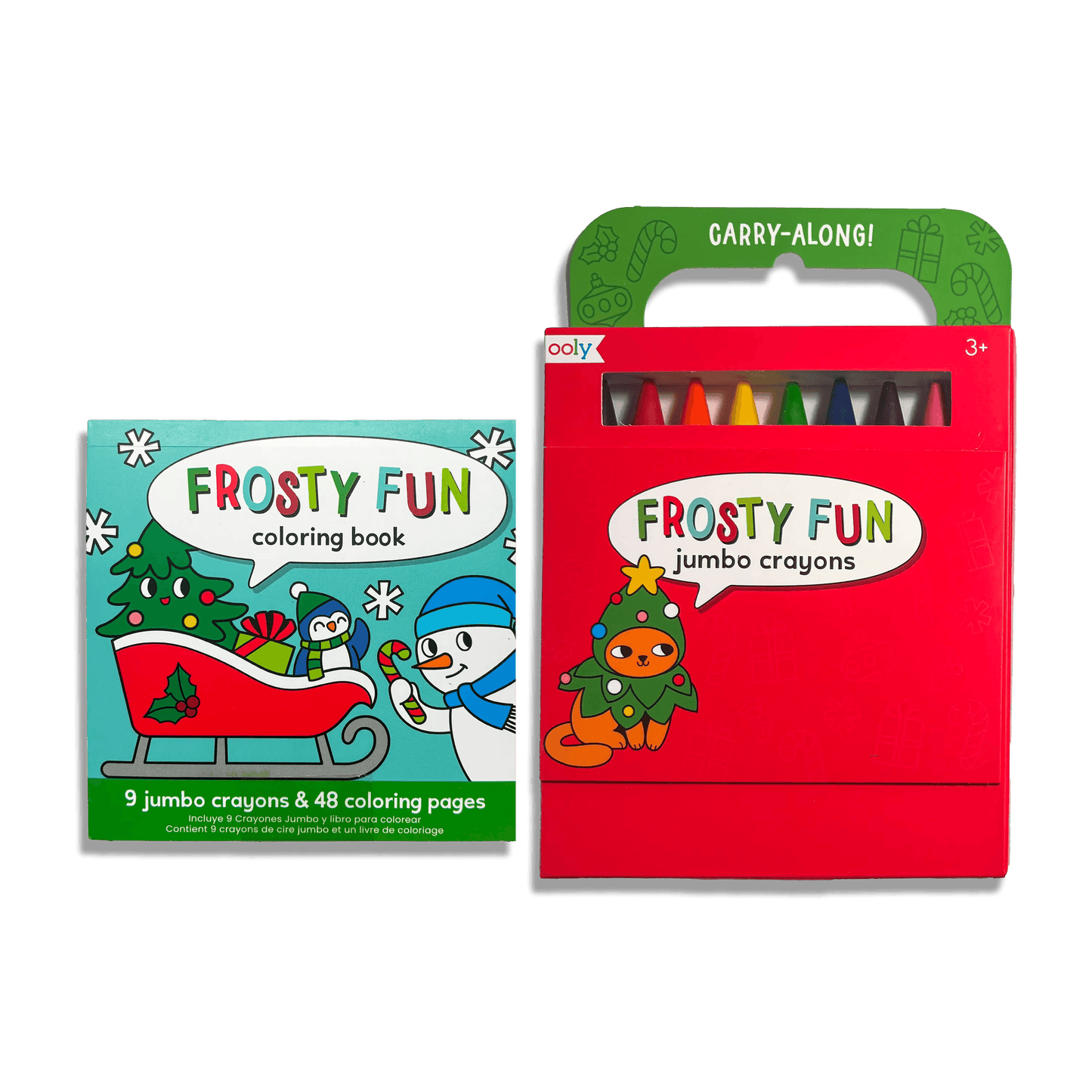 Frosty Fun coloring book and crayon set on a green background