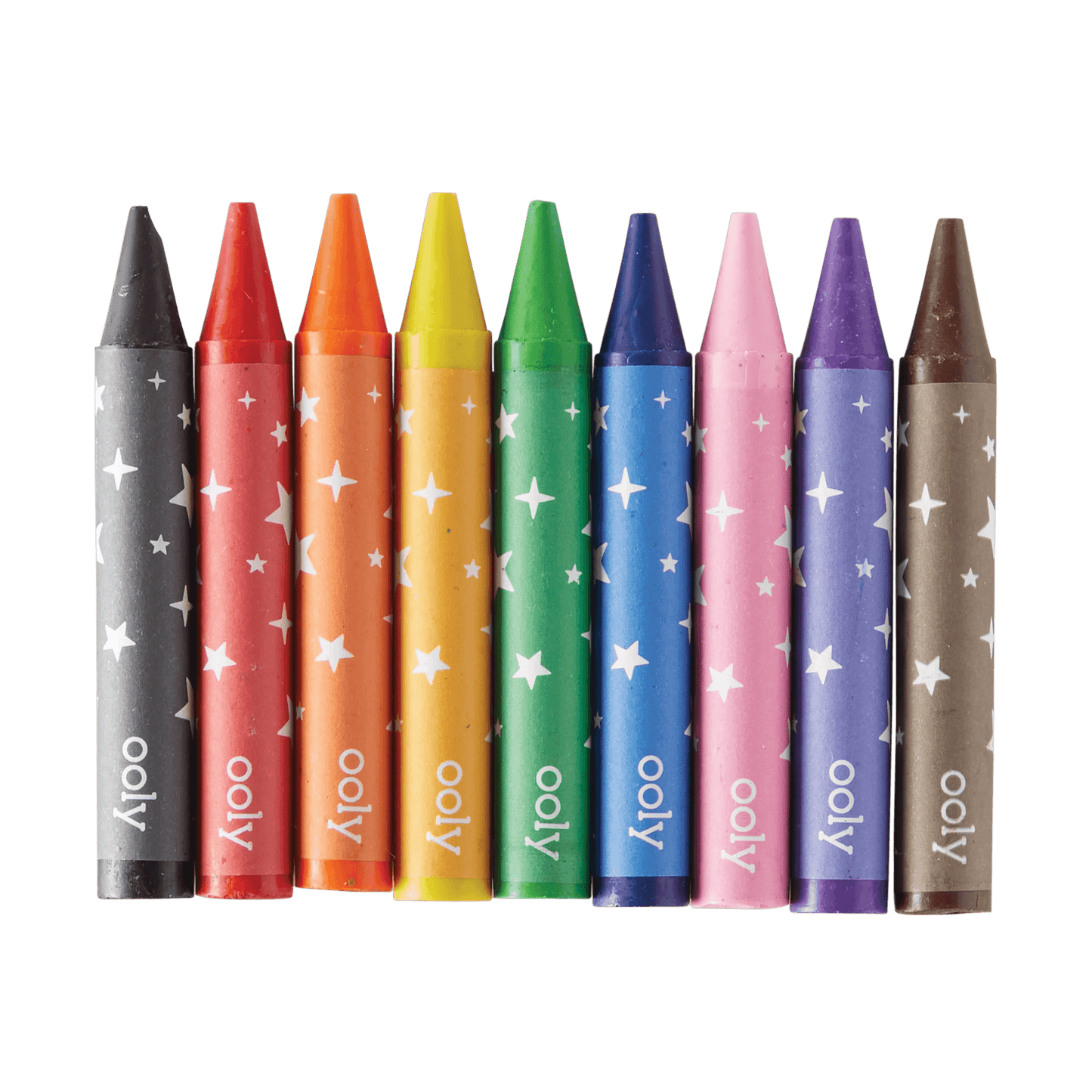 Set of colorful crayons with 'oyy' branding on a dark gray background