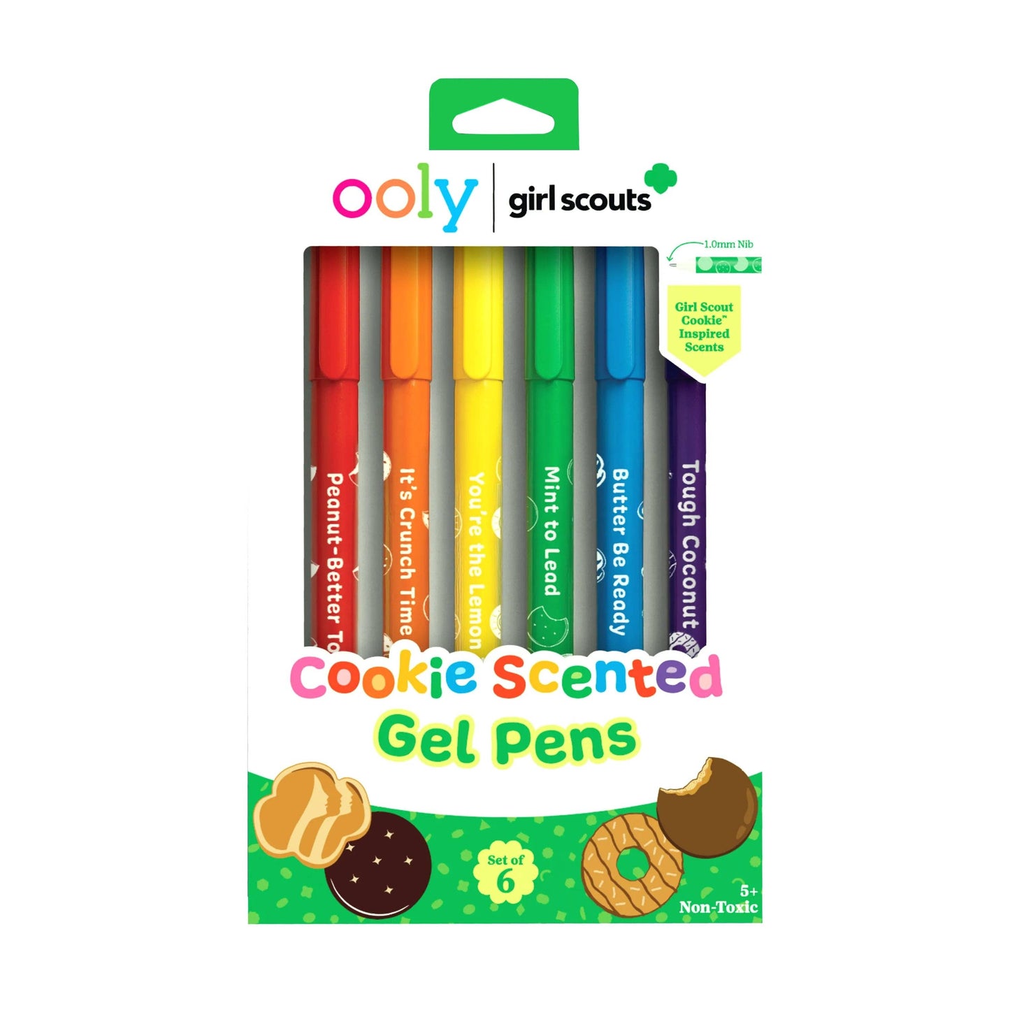 Ooly Girl Scouts Cookie Scented Gel Pens in a green and white blister pack. The set contains six colorful pens with scented labels: Peanut Butter Tz, It's Crunch Time, You're the Lemon, White to Lead, Butter Be Ready, and Tough Coconut.