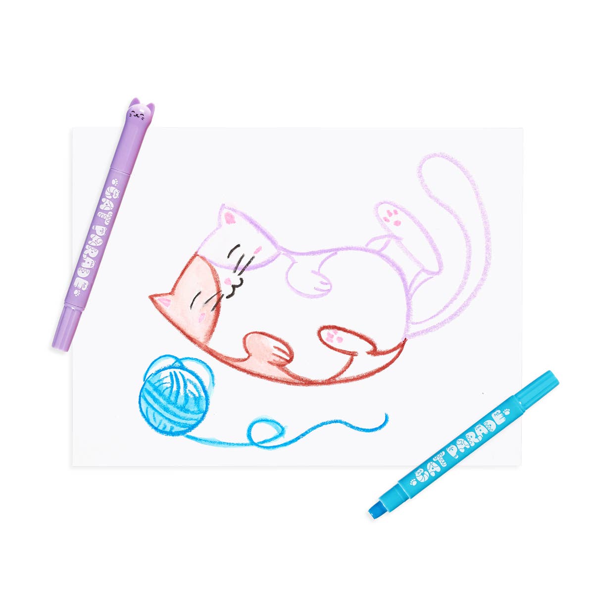 Coloring book page with a cat and yarn ball, featuring 'Cat Parade' markers.