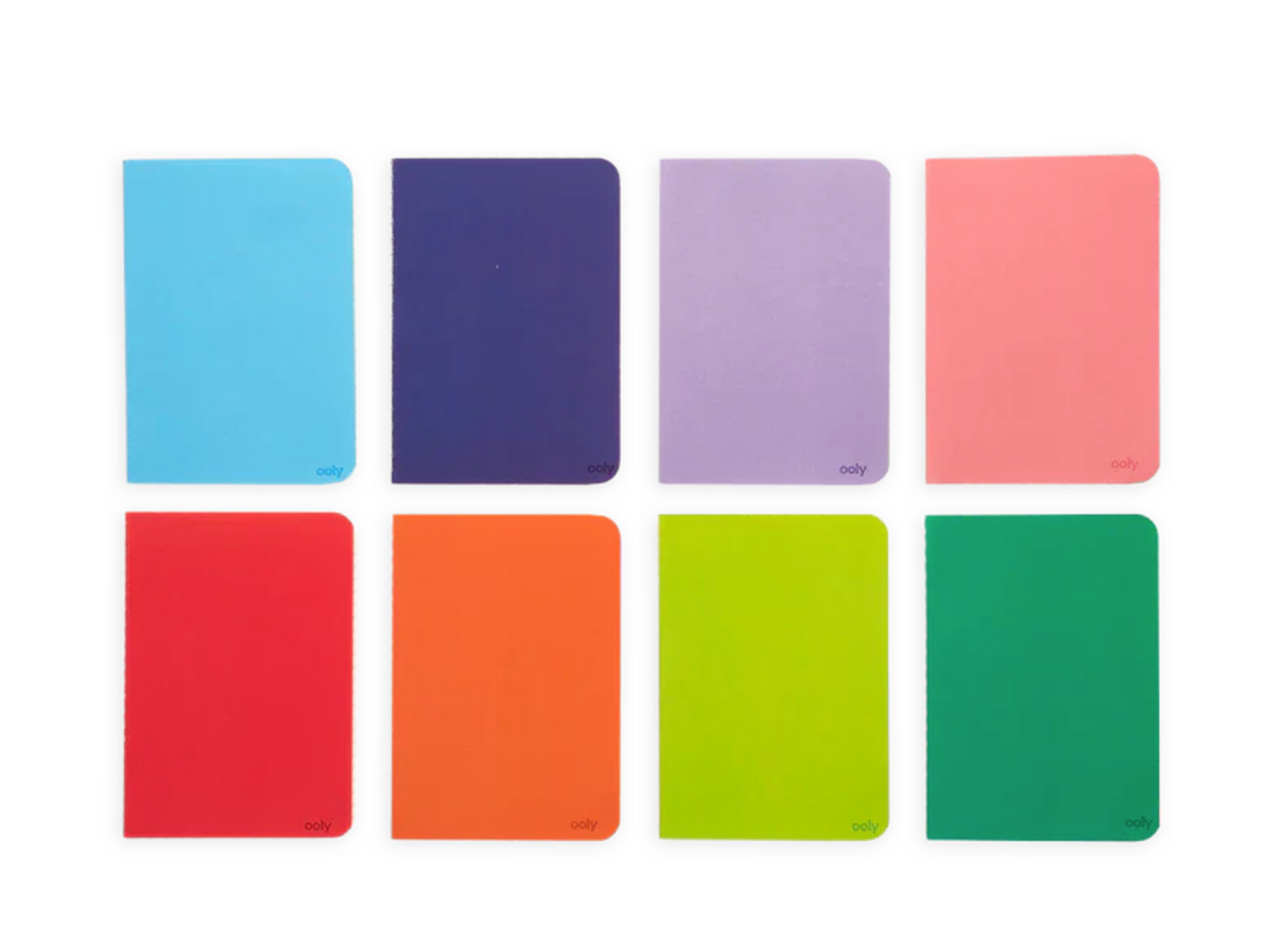 Set of colorful notebooks arranged in a grid on a white background