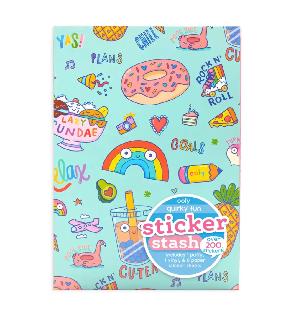 Sticker book with colorful designs on a light blue background