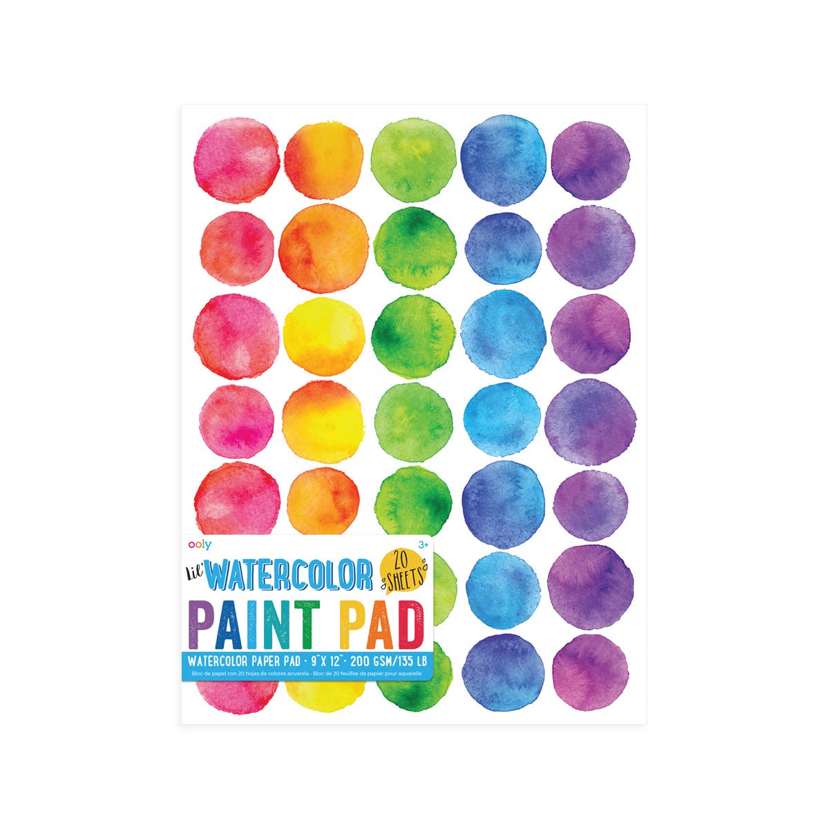 Watercolor paint pad with colorful dot patterns on a white background