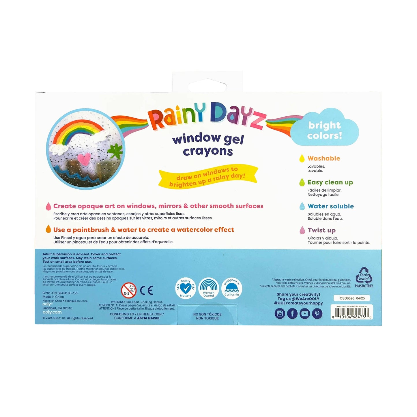 Back of Rainy Dayz window gel crayons packaging with colorful design and text.