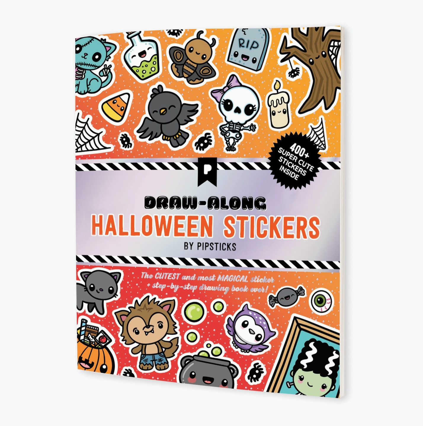 A colorful sticker book titled 'Draw-Along Halloween Sticker Book' with various cartoonish Halloween-themed stickers and decorations on the cover.
