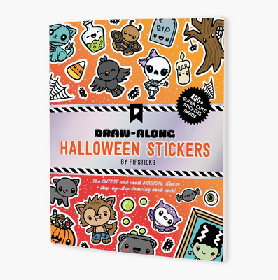 A colorful sticker book titled 'Draw-Along Halloween Sticker Book' with various cartoonish Halloween-themed stickers and decorations on the cover.
