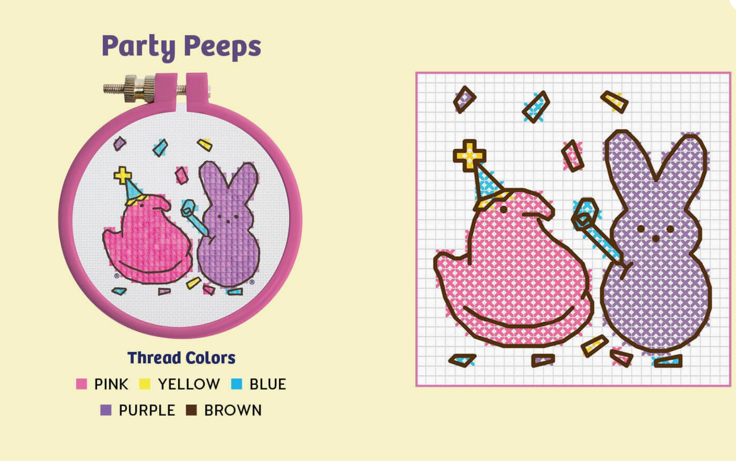 Embroidery design with pink and purple peeps characters and thread color chart on a yellow background