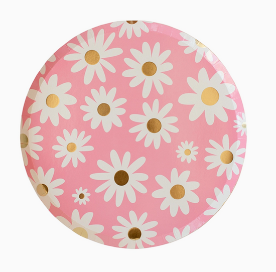 Round pink coaster with white daisy pattern