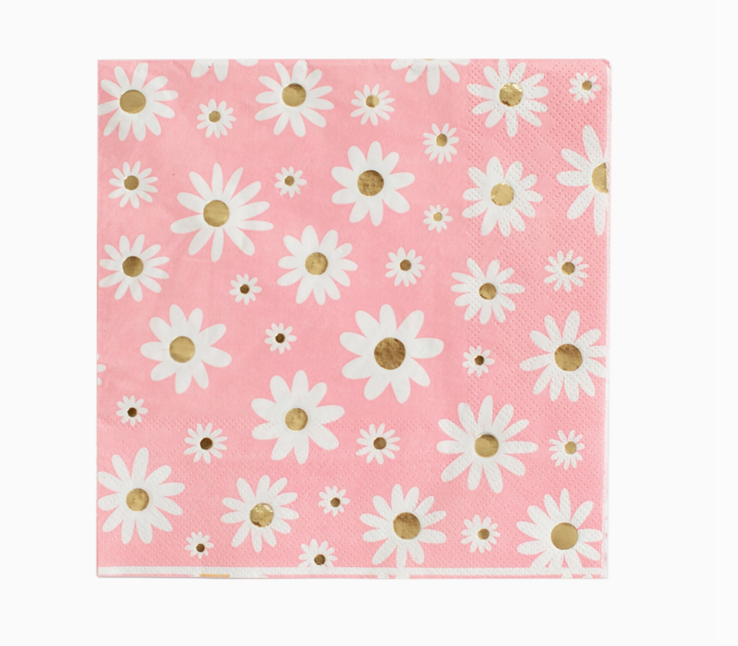 Pink fabric with white daisy flowers and gold centers on a white background
