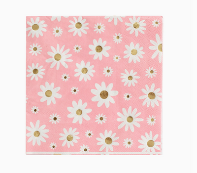 Pink fabric with white daisy flowers and gold centers on a white background
