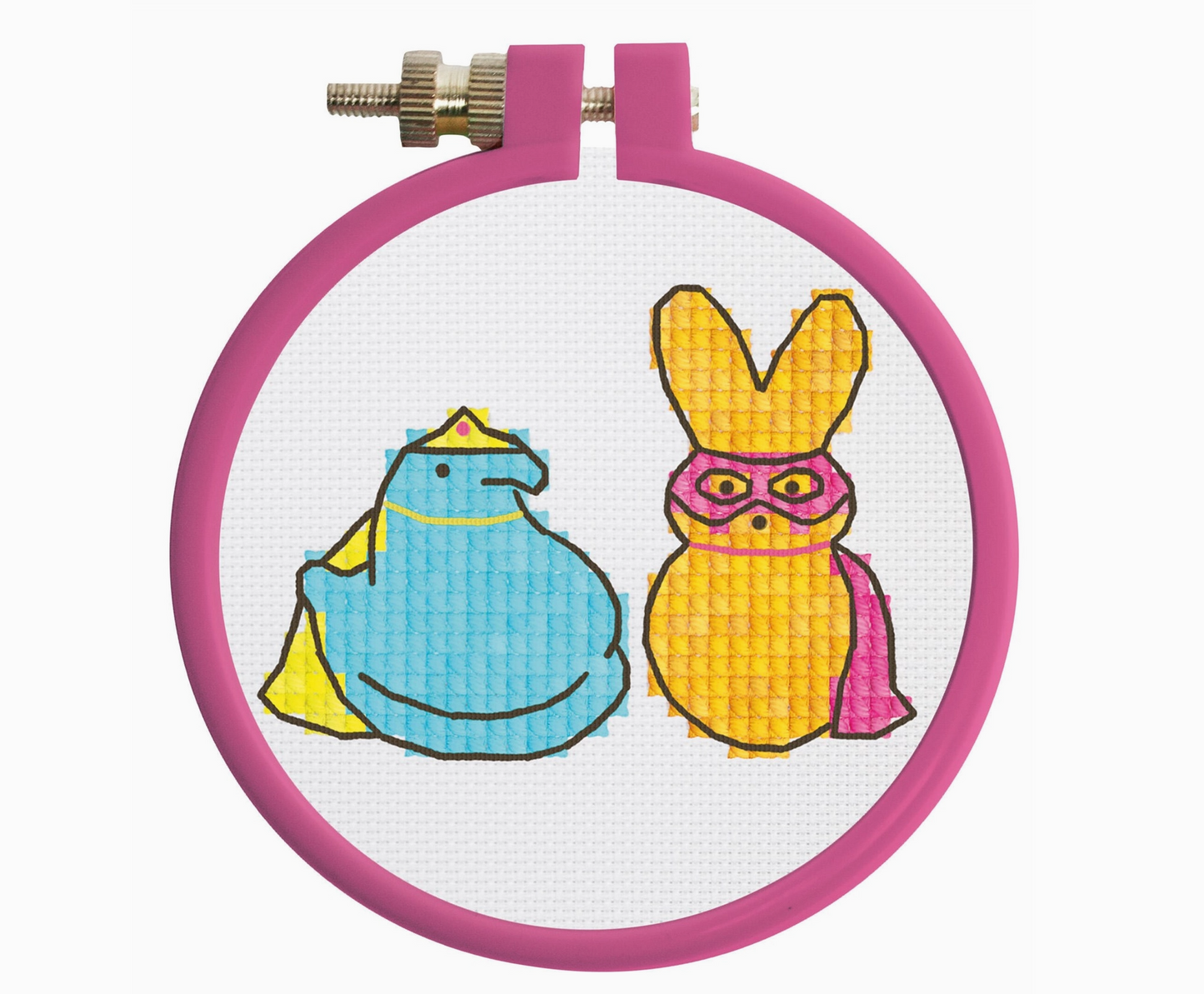 Cross-stitched design of a blue creature and yellow creature in superhero costumes inside a pink hoop.
