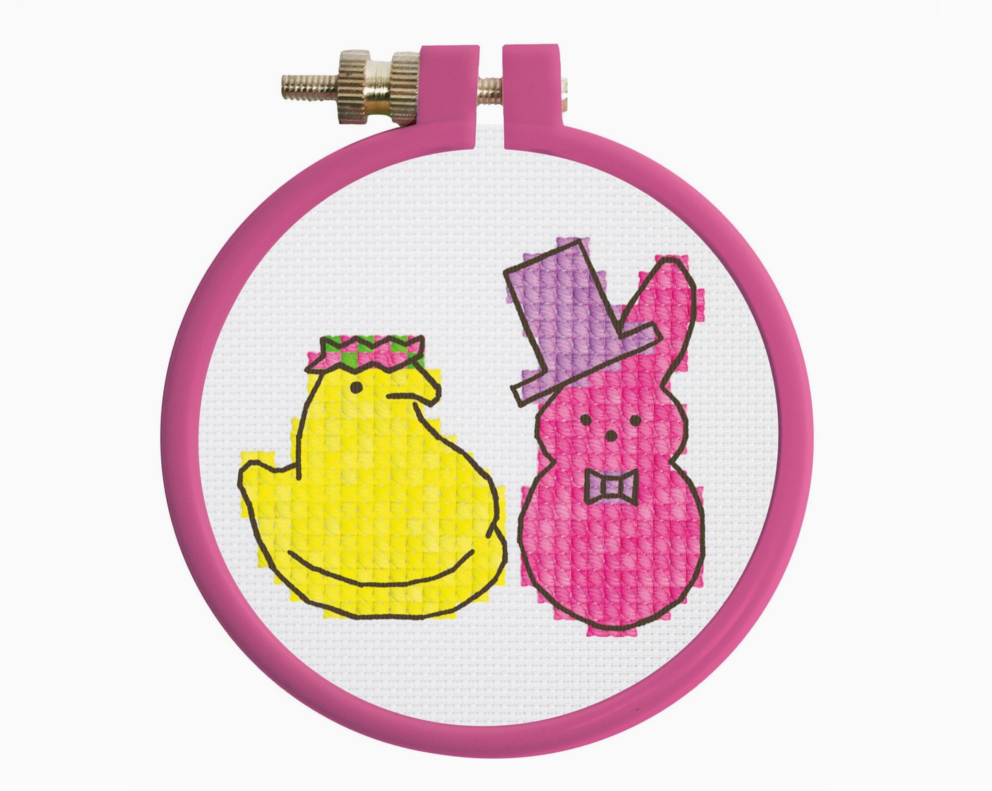 Cross-stitched design of a yellow duck and pink rabbit in a pink hoop on a white background