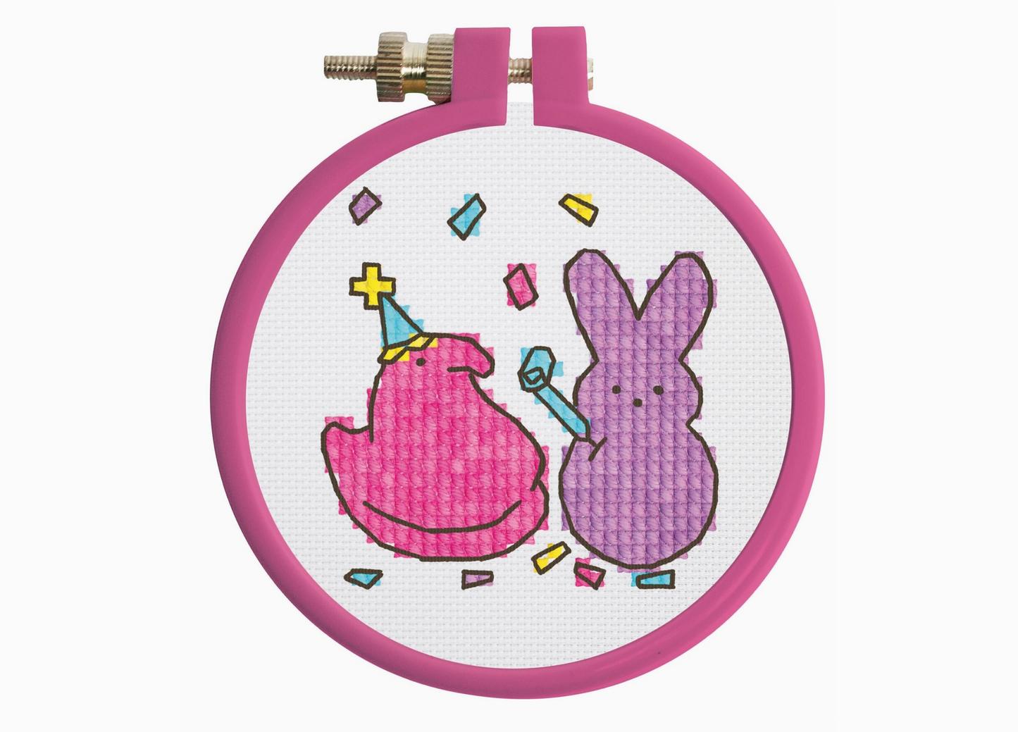 Cross-stitched design of two characters in a pink hoop with colorful accents on a white background