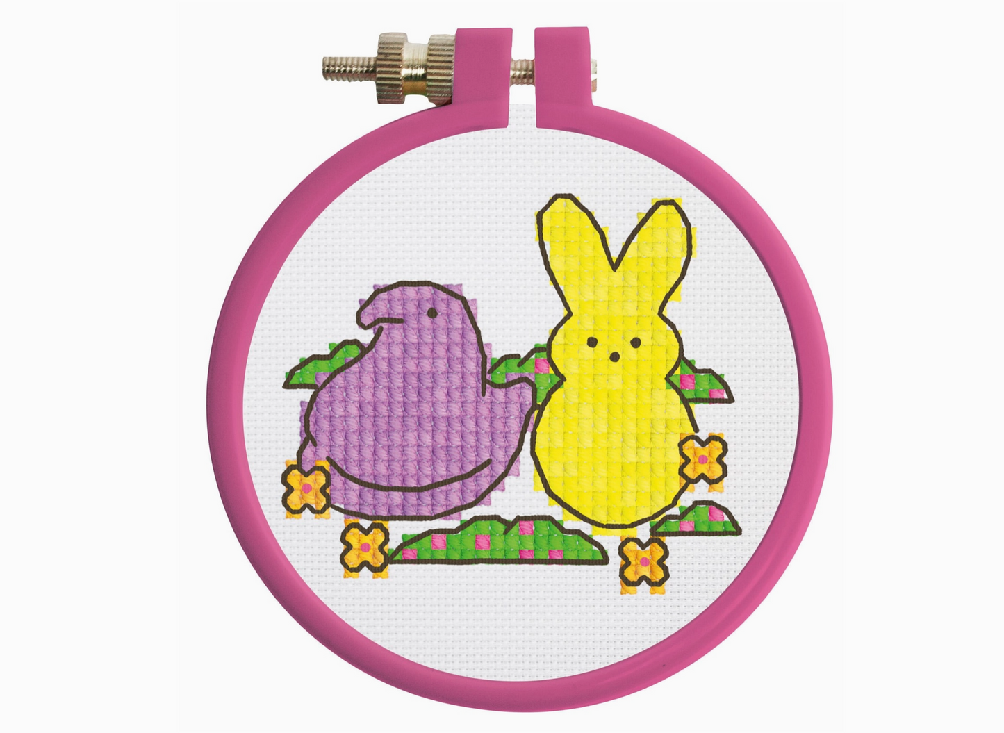 Cross-stitched design of a purple and yellow character in a pink hoop on a white background