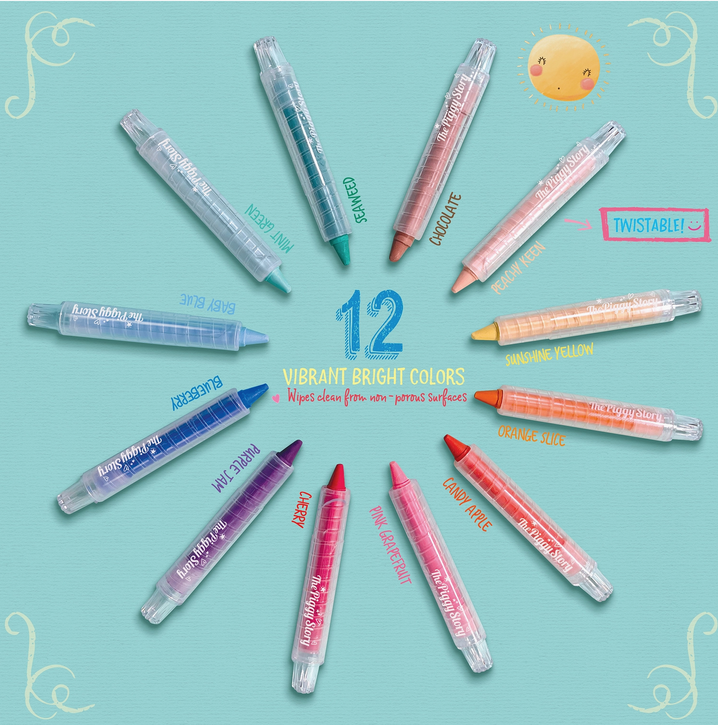 Set of 12 vibrant bright markers on a light blue background