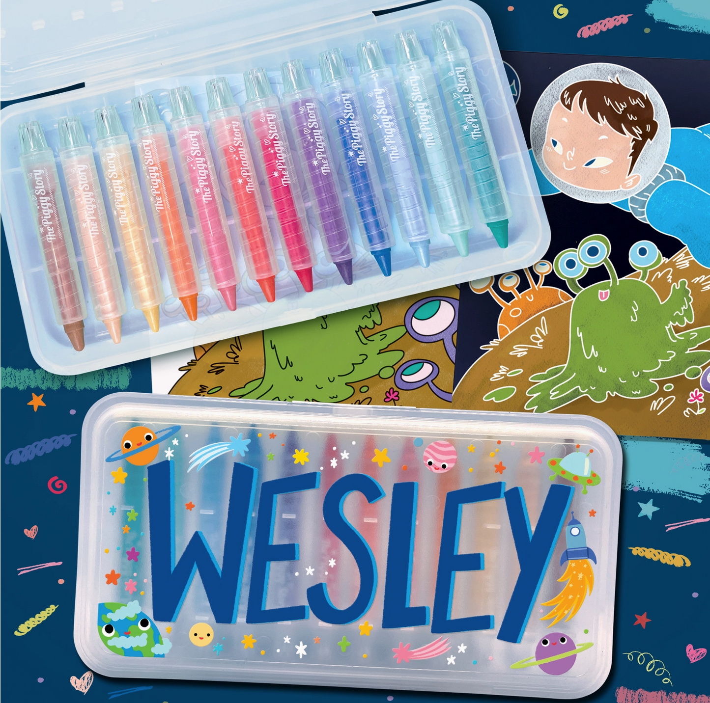 Set of colorful markers with a transparent case featuring the name 'Wesley' on a space-themed background.