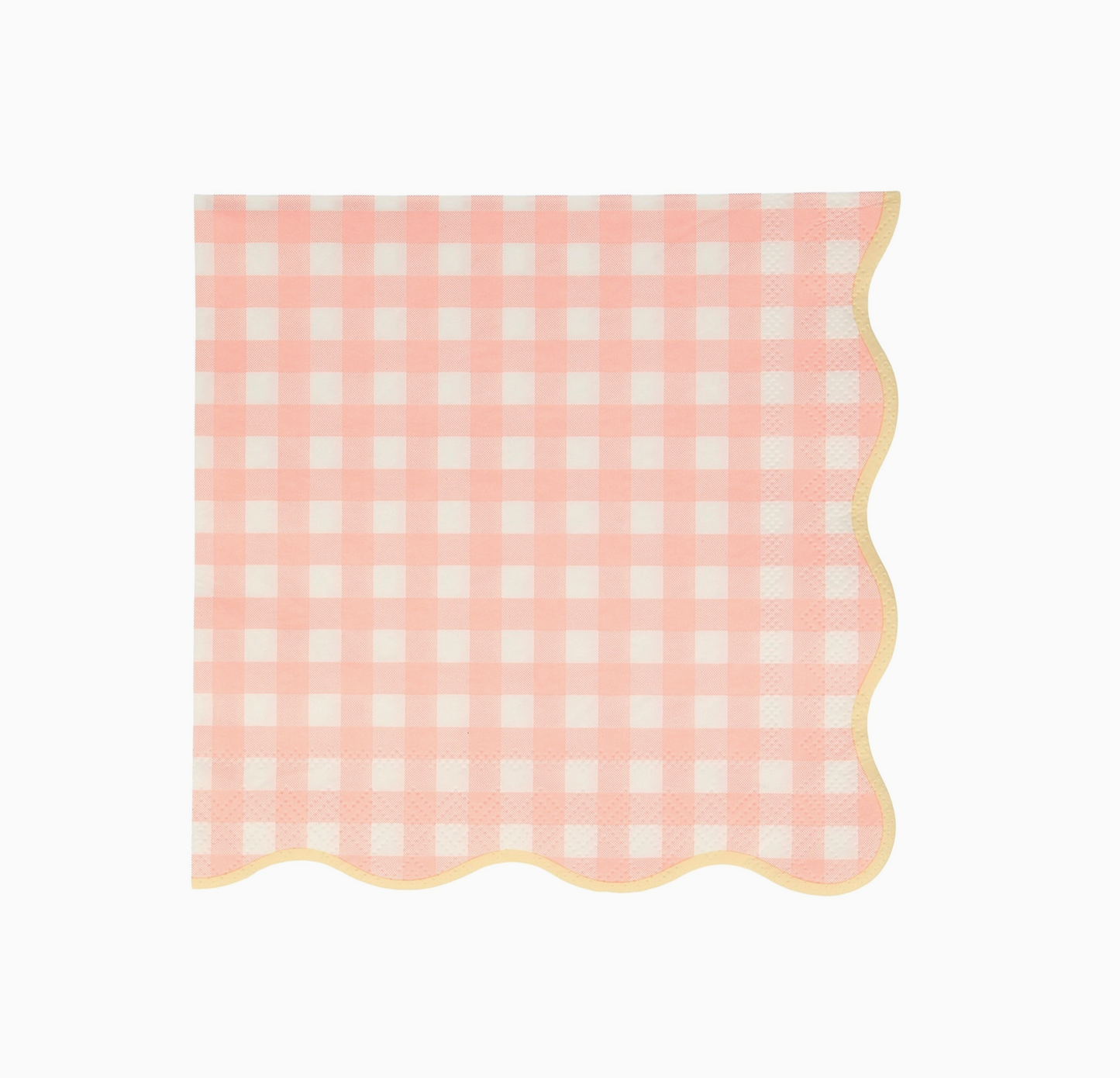 Pink and white checkered napkin with scalloped edge on a white background