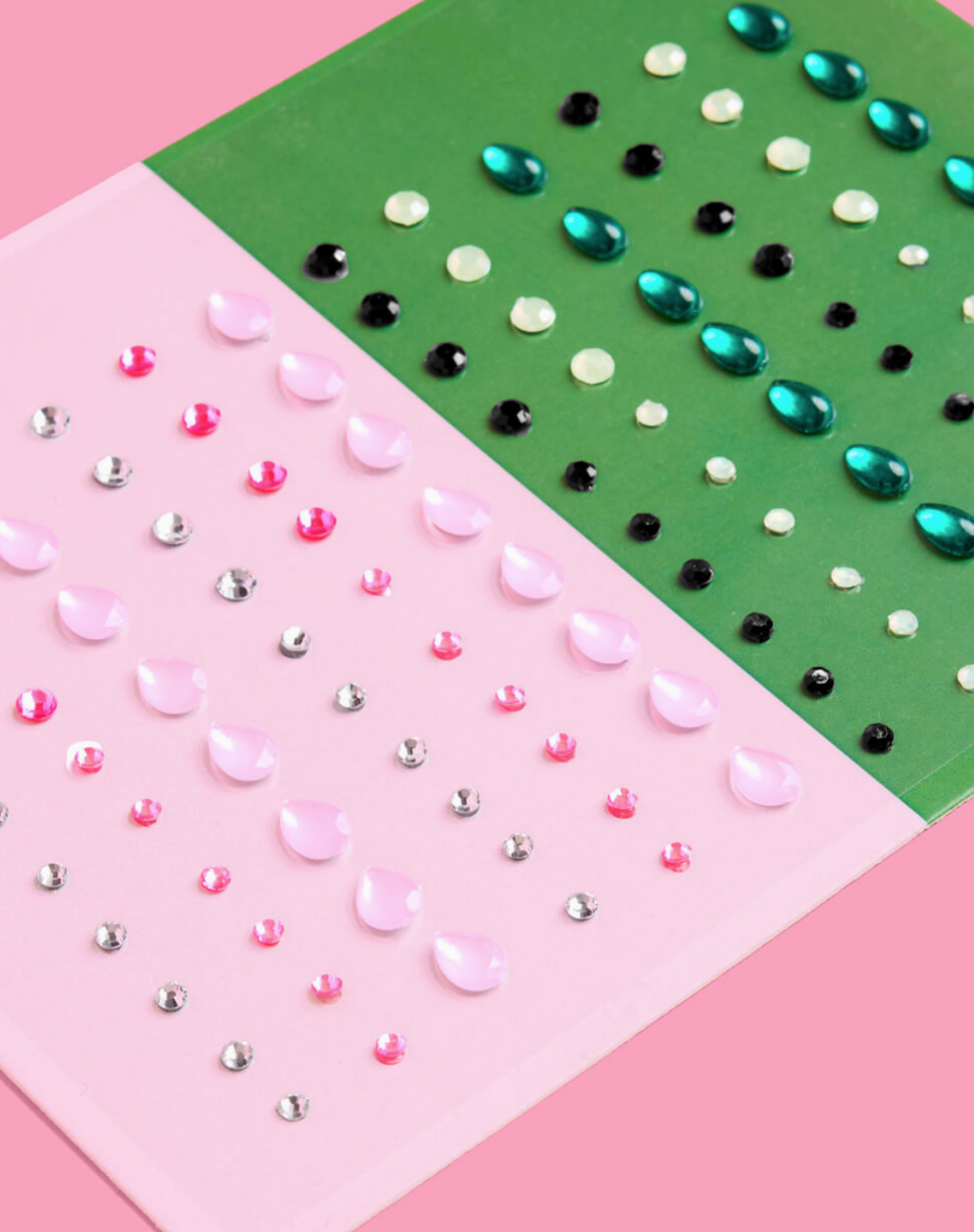 Colorful rhinestone pattern on a pink and green background