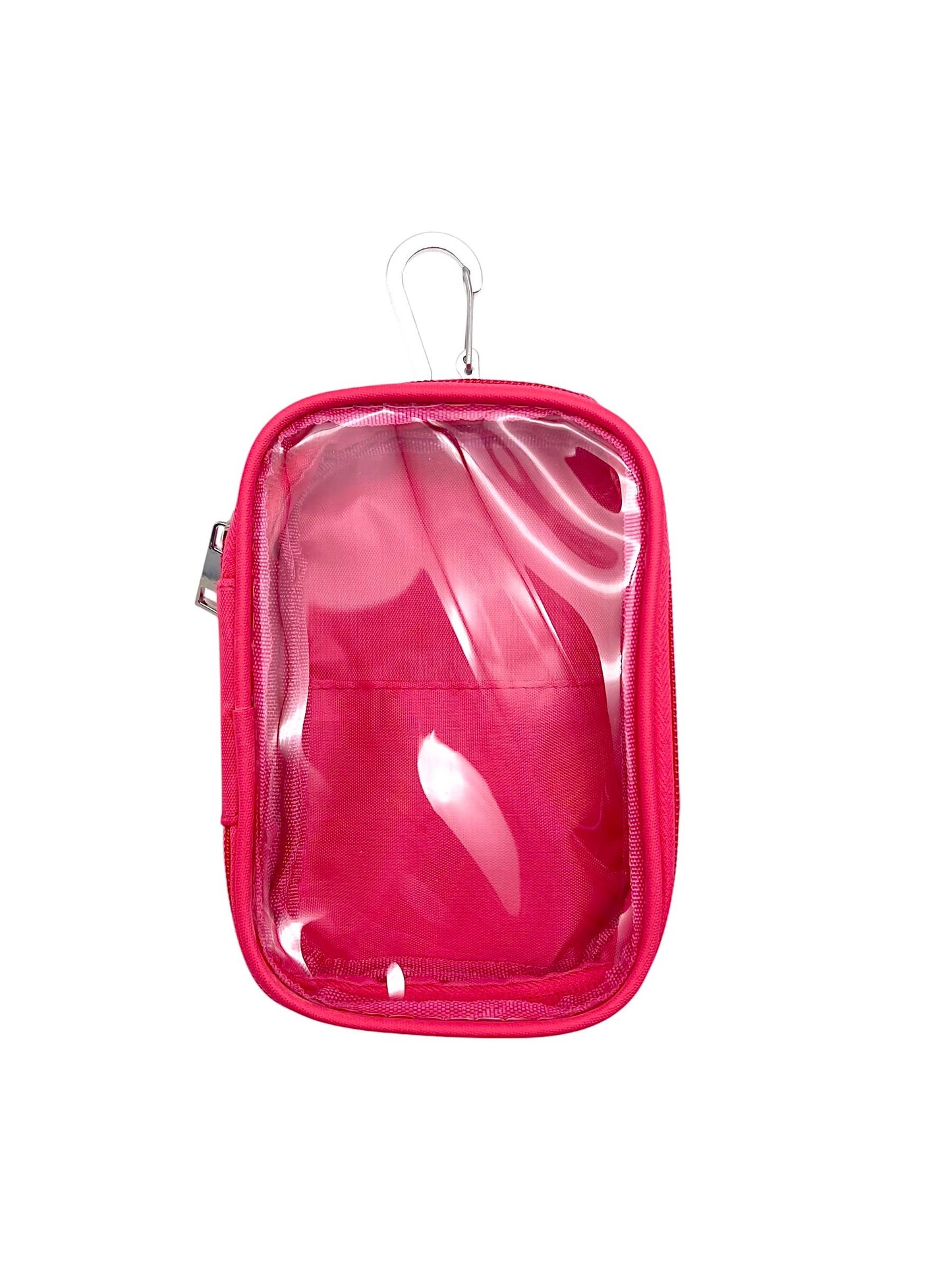 A bright pink transparent zippered pouch with a silver carabiner clip on a white background.