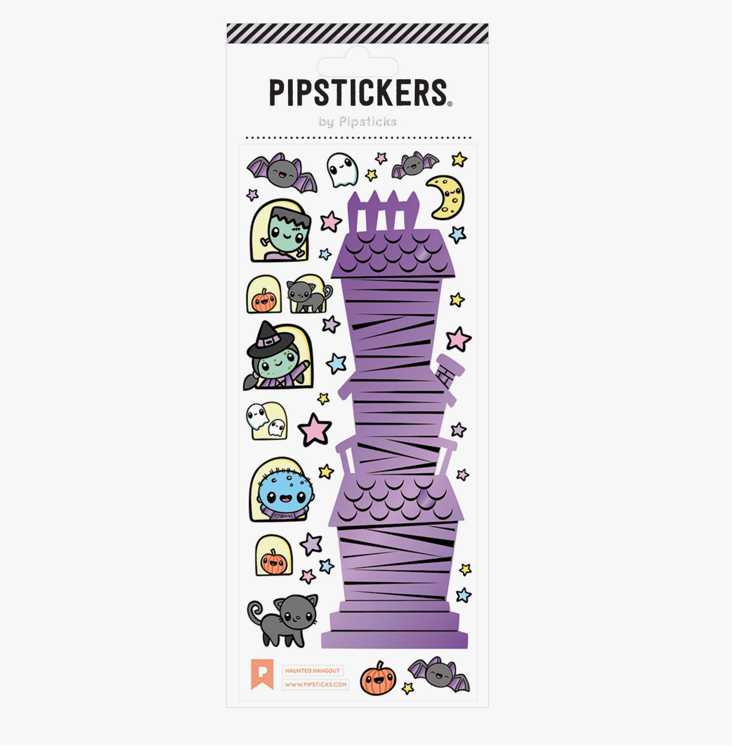 A sheet of PipStickers with various designs including a haunted house, ghosts, and stars on a purple background.