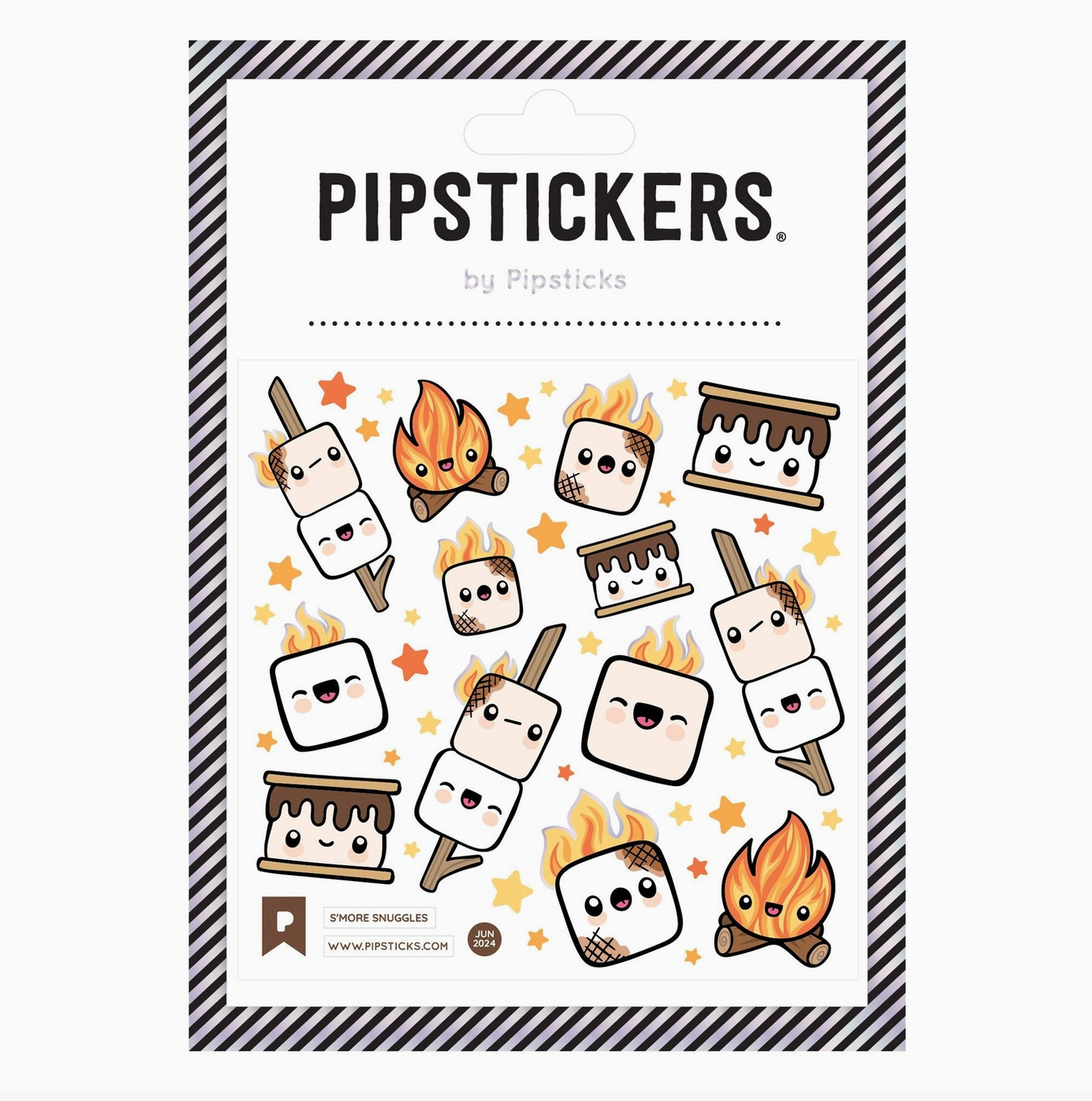 Packaging of Pipsticks stickers featuring cartoon marshmallows and campfires on a white background.
