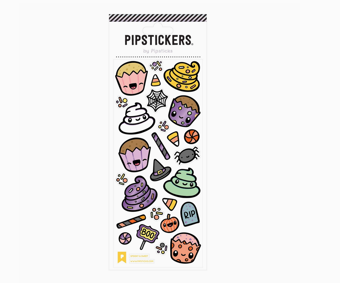 A sheet of PipStickers with various Halloween-themed designs including characters, spider, and festive elements with purple foil accents on a clear backing.