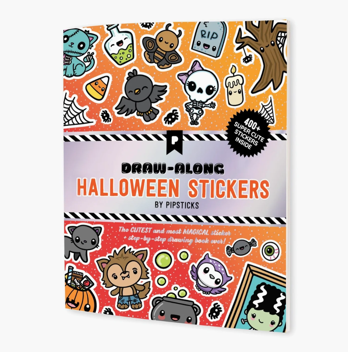 Packaging of Draw-Along Halloween Stickers by Pipsticks with colorful stickers on an orange background.