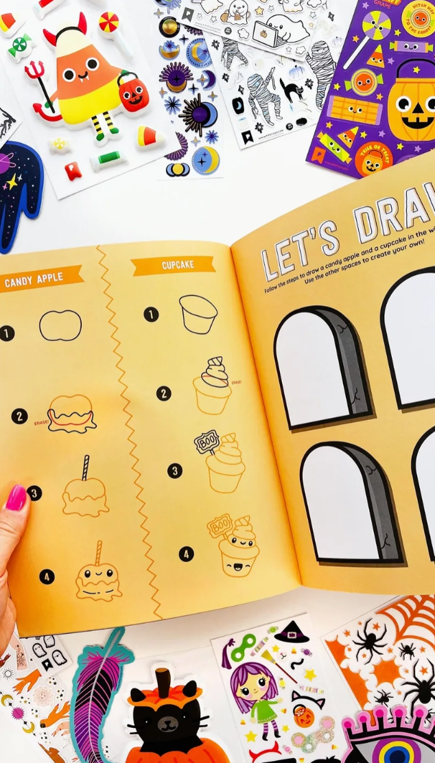 Halloween-themed coloring book with stickers and drawing prompts