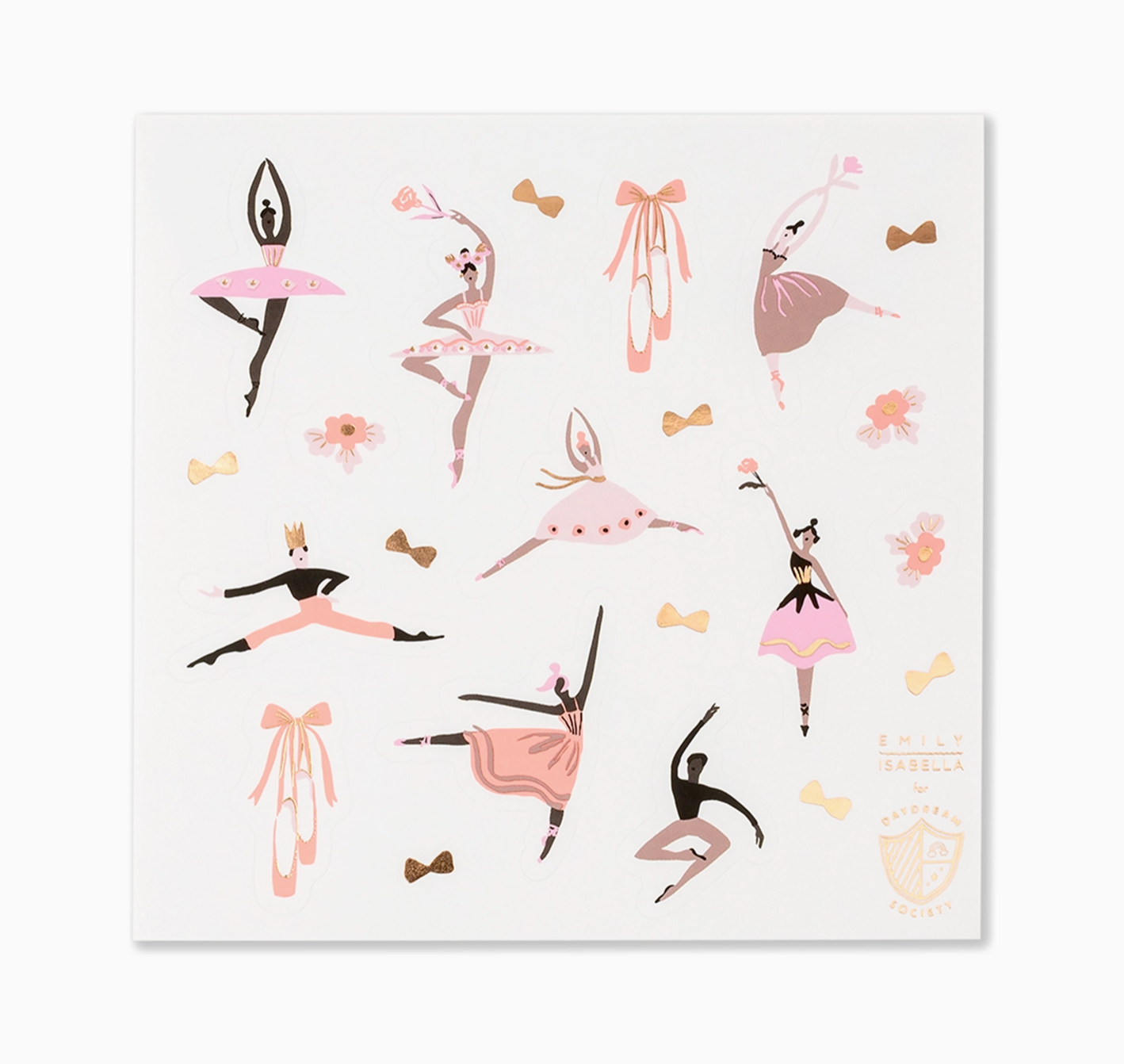 Sheet of ballet-themed stickers with ballerinas and decorative elements on a white background