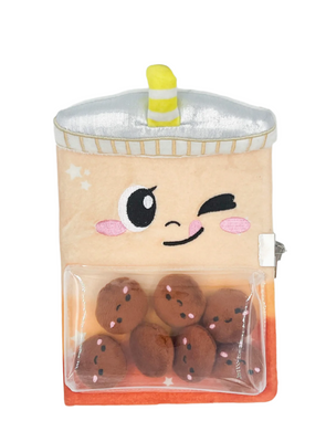 A plush diary with a soft cover featuring a cute boba milk tea design, with a clear window displaying the interior where boba cookies are visible.