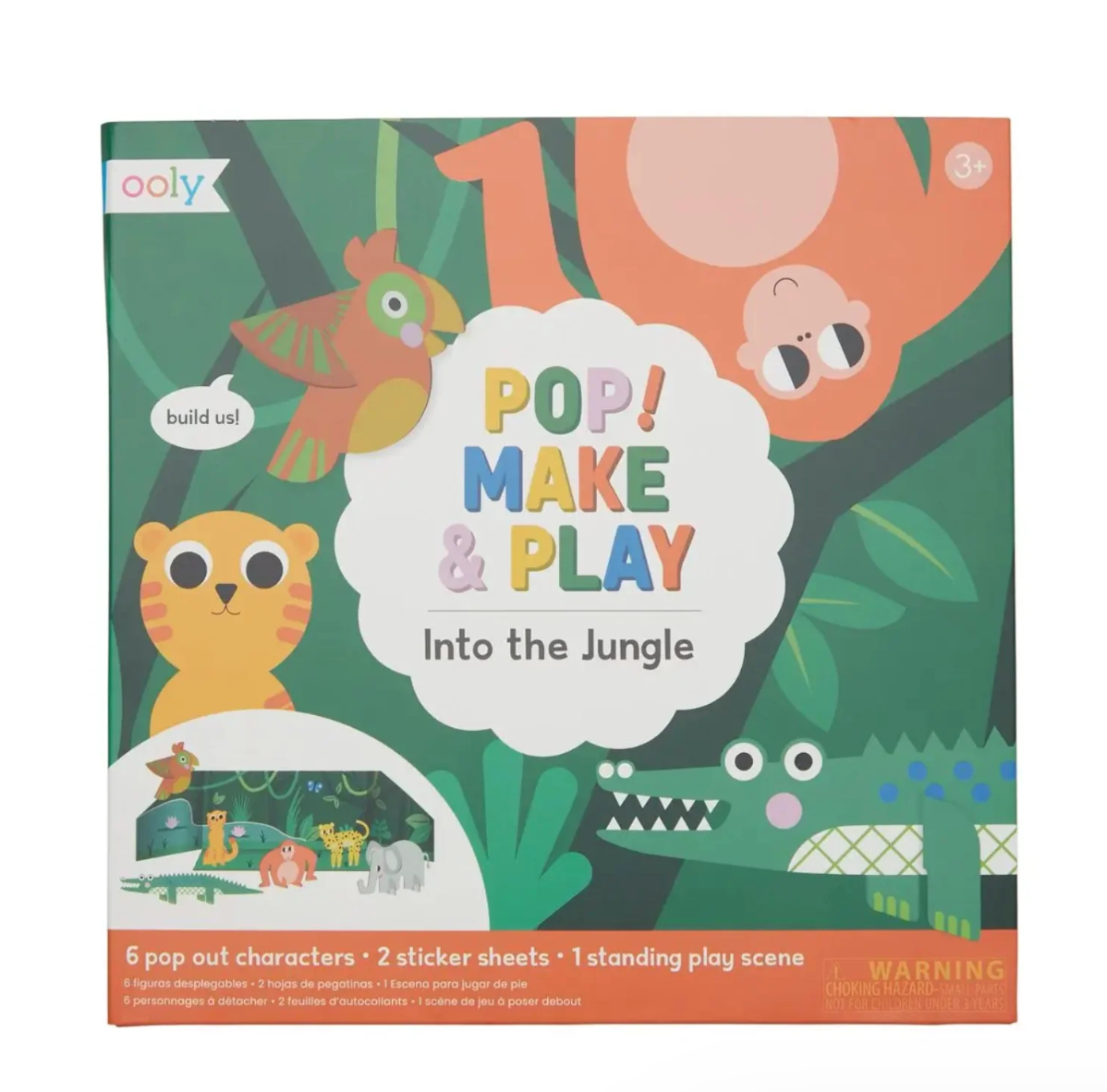 Front of the 'ooly Pop! Make & Play Into the Jungle' toy box, featuring colorful cartoon jungle animals including a crocodile, lion, bird, and monkey on a green jungle background.