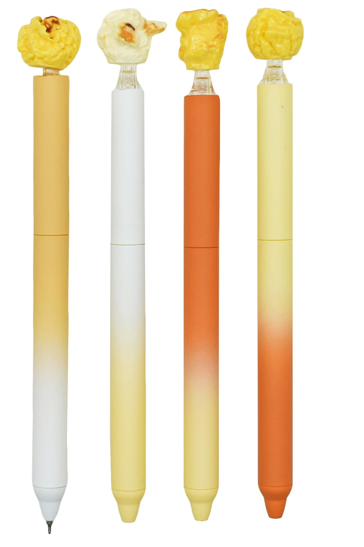 Four novelty pens with popcorn-themed tops, featuring yellow, orange, and white gradient bodies, shown against a plain white background.