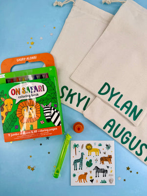 Coloring book, stickers, and personalized bags on a blue background