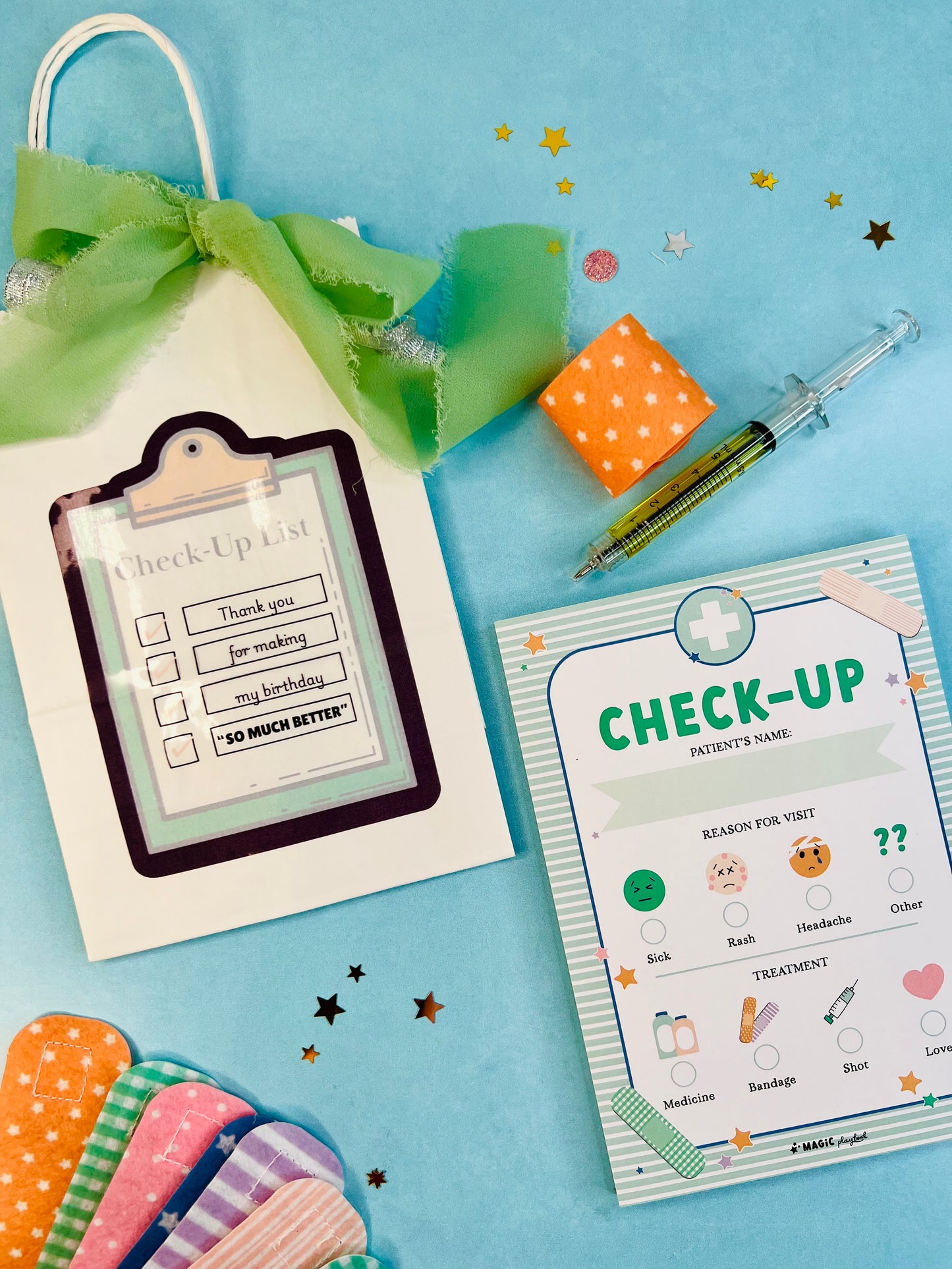 Check-up form with a green gift bag and decorative items on a blue background