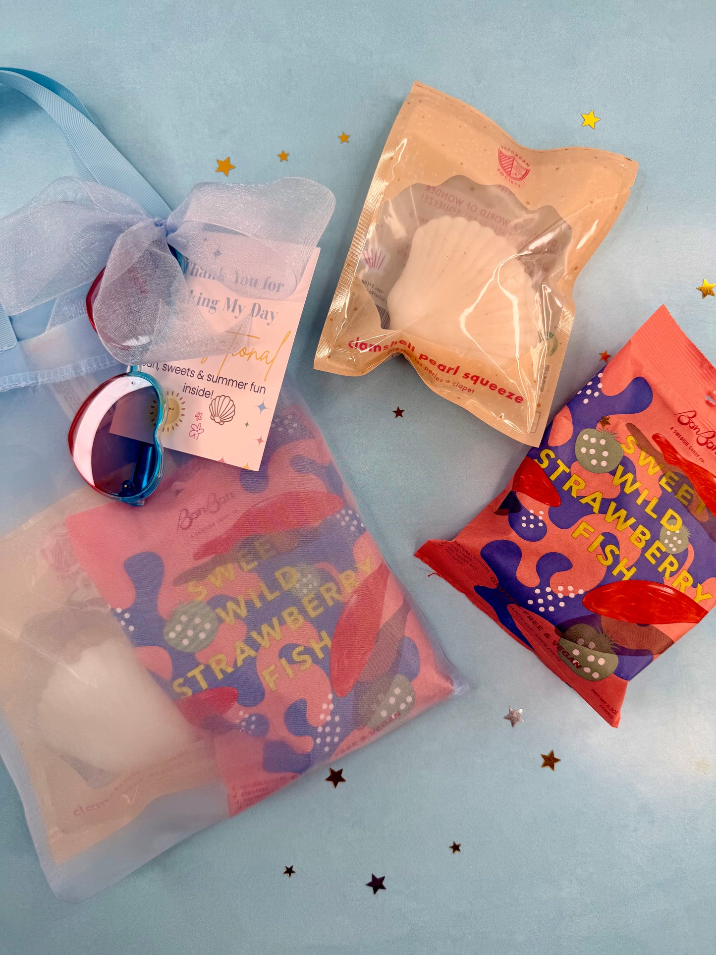 Colorful packages with text and graphics on a light blue background