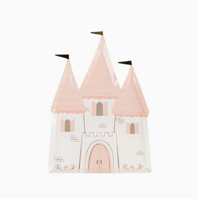 Pink castle-shaped pillow on a white background
