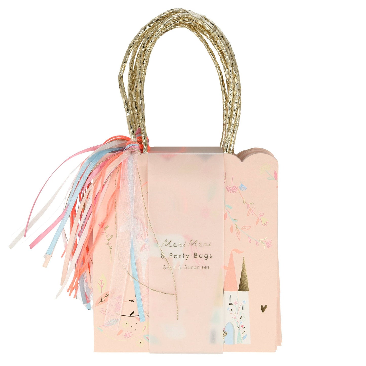 Pink party bag with decorative ribbons and straw handle on a white background