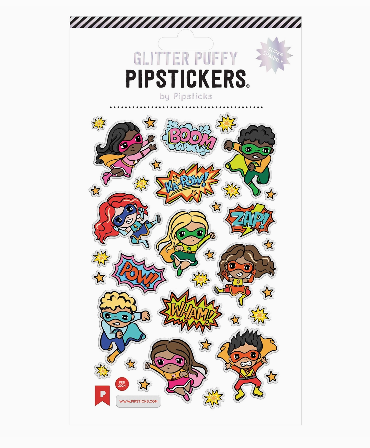 Superhero-themed stickers with colorful designs on a white background, featuring the brand 'Pipsticks'.