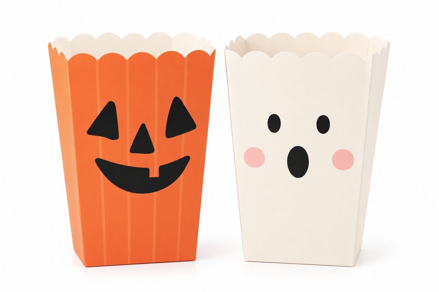 Two Halloween-themed popcorn boxes on a white background, one orange with a black jack-o'-lantern face and one off-white with a surprised face and pink cheeks.